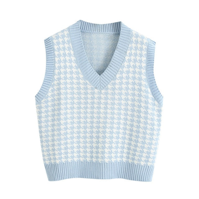 Sixsr Fashion Women Knitted Vest Pullovers V Neck Sleeveless Houndstooth Knitted Jumper Pullovers Korean Loose Plaid Sweater Vest