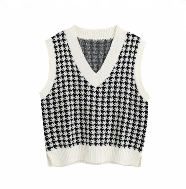 Sixsr Fashion Women Knitted Vest Pullovers V Neck Sleeveless Houndstooth Knitted Jumper Pullovers Korean Loose Plaid Sweater Vest