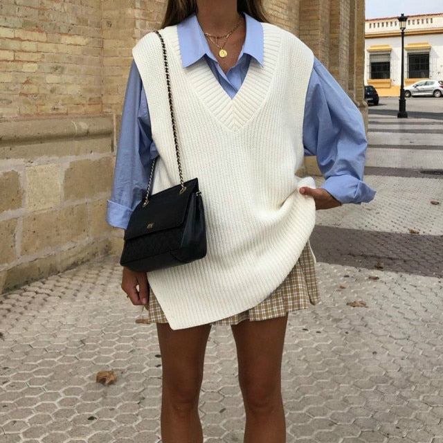Sixsr Fashion Women Knitted Vest Pullovers V Neck Sleeveless Houndstooth Knitted Jumper Pullovers Korean Loose Plaid Sweater Vest