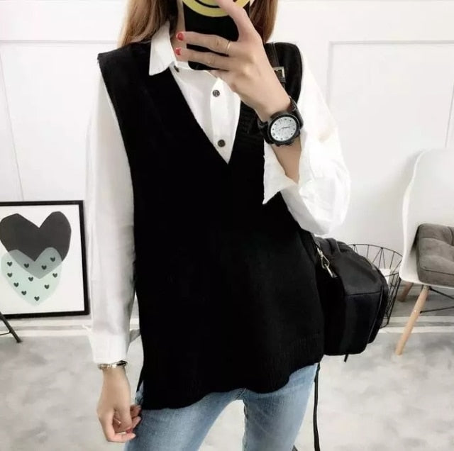 Sixsr Fashion Women Knitted Vest Pullovers V Neck Sleeveless Houndstooth Knitted Jumper Pullovers Korean Loose Plaid Sweater Vest