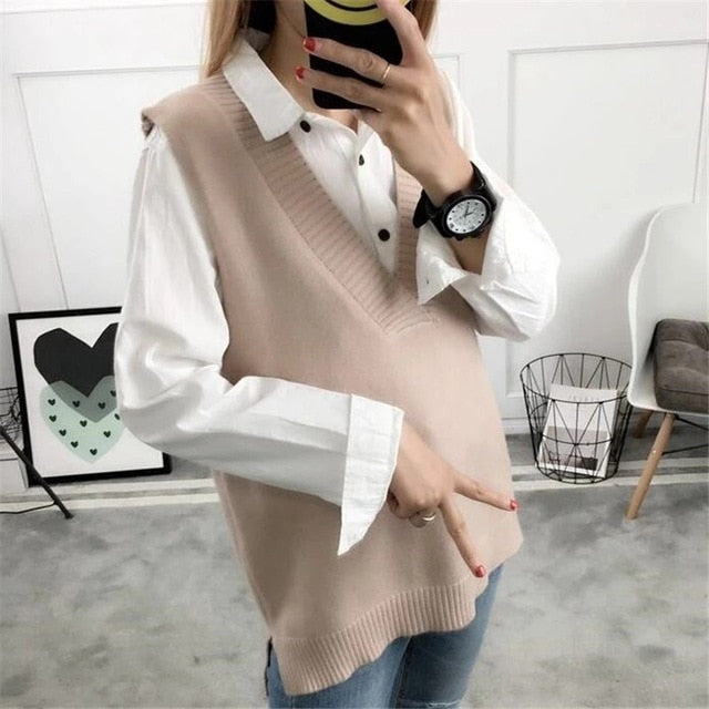 Sixsr Fashion Women Knitted Vest Pullovers V Neck Sleeveless Houndstooth Knitted Jumper Pullovers Korean Loose Plaid Sweater Vest