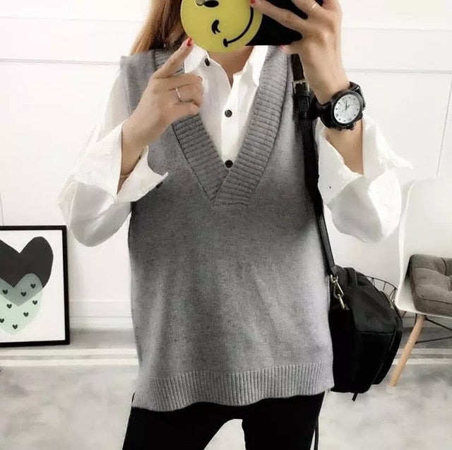 Sixsr Fashion Women Knitted Vest Pullovers V Neck Sleeveless Houndstooth Knitted Jumper Pullovers Korean Loose Plaid Sweater Vest