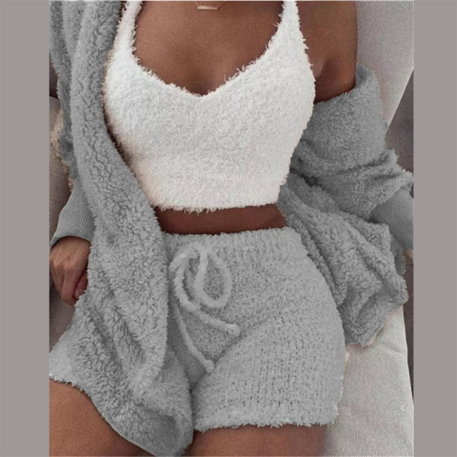 Sixsr Three Piece Sexy Fluffy Outfits Plush Velvet Hooded Cardigan Coat+Shorts+Crop Top Women Tracksuit Sets Casual Sports Sweatshirt
