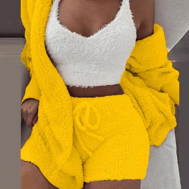 Sixsr Three Piece Sexy Fluffy Outfits Plush Velvet Hooded Cardigan Coat+Shorts+Crop Top Women Tracksuit Sets Casual Sports Sweatshirt