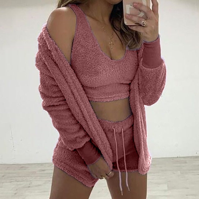 Sixsr Three Piece Sexy Fluffy Outfits Plush Velvet Hooded Cardigan Coat+Shorts+Crop Top Women Tracksuit Sets Casual Sports Sweatshirt