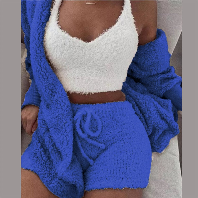 Sixsr Three Piece Sexy Fluffy Outfits Plush Velvet Hooded Cardigan Coat+Shorts+Crop Top Women Tracksuit Sets Casual Sports Sweatshirt