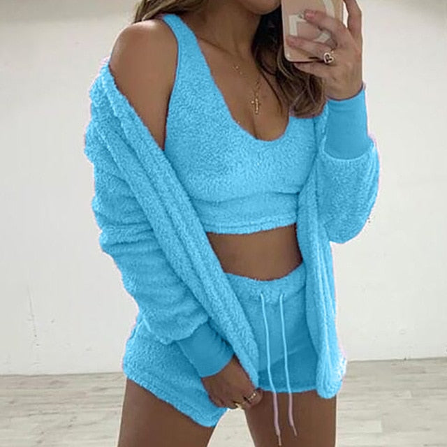 Sixsr Three Piece Sexy Fluffy Outfits Plush Velvet Hooded Cardigan Coat+Shorts+Crop Top Women Tracksuit Sets Casual Sports Sweatshirt