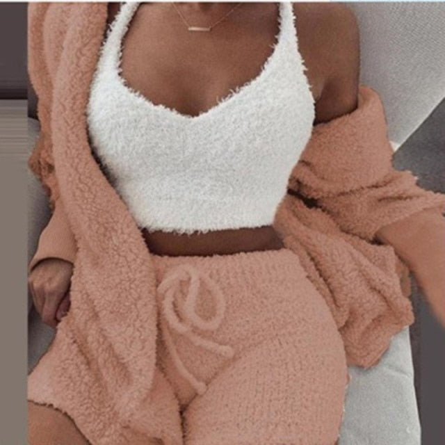 Sixsr Three Piece Sexy Fluffy Outfits Plush Velvet Hooded Cardigan Coat+Shorts+Crop Top Women Tracksuit Sets Casual Sports Sweatshirt
