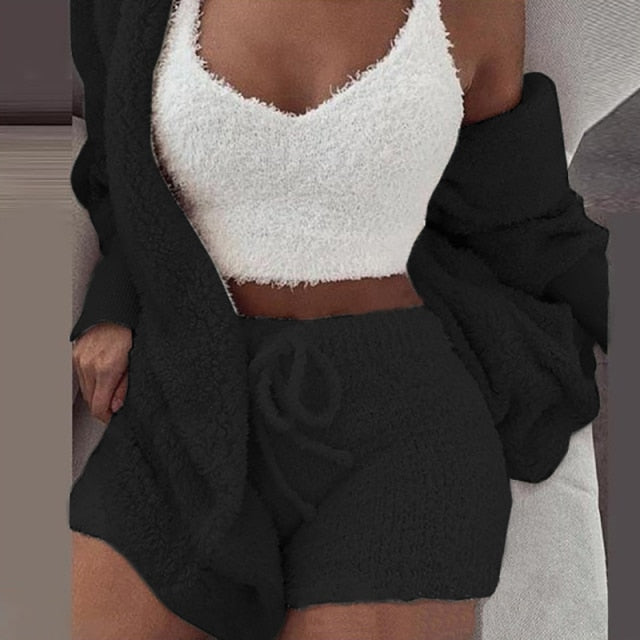 Sixsr Three Piece Sexy Fluffy Outfits Plush Velvet Hooded Cardigan Coat+Shorts+Crop Top Women Tracksuit Sets Casual Sports Sweatshirt