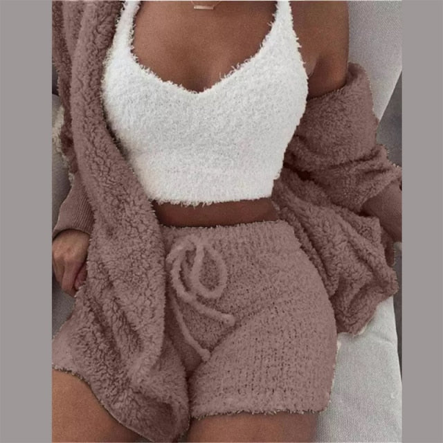 Sixsr Three Piece Sexy Fluffy Outfits Plush Velvet Hooded Cardigan Coat+Shorts+Crop Top Women Tracksuit Sets Casual Sports Sweatshirt