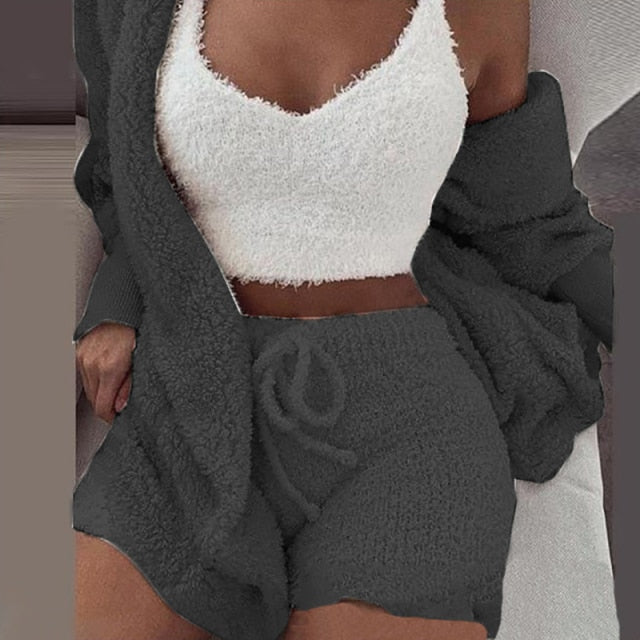 Sixsr Three Piece Sexy Fluffy Outfits Plush Velvet Hooded Cardigan Coat+Shorts+Crop Top Women Tracksuit Sets Casual Sports Sweatshirt