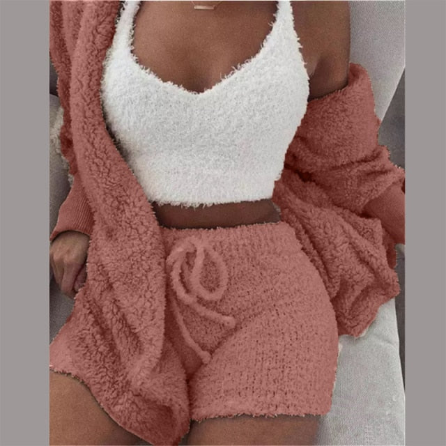 Sixsr Three Piece Sexy Fluffy Outfits Plush Velvet Hooded Cardigan Coat+Shorts+Crop Top Women Tracksuit Sets Casual Sports Sweatshirt