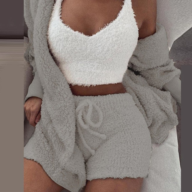 Sixsr Three Piece Sexy Fluffy Outfits Plush Velvet Hooded Cardigan Coat+Shorts+Crop Top Women Tracksuit Sets Casual Sports Sweatshirt