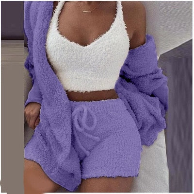 Sixsr Three Piece Sexy Fluffy Outfits Plush Velvet Hooded Cardigan Coat+Shorts+Crop Top Women Tracksuit Sets Casual Sports Sweatshirt