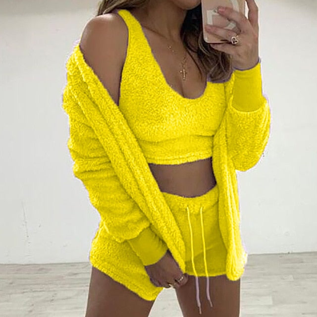 Sixsr Three Piece Sexy Fluffy Outfits Plush Velvet Hooded Cardigan Coat+Shorts+Crop Top Women Tracksuit Sets Casual Sports Sweatshirt