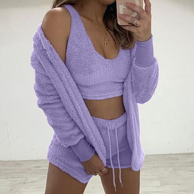 Sixsr Three Piece Sexy Fluffy Outfits Plush Velvet Hooded Cardigan Coat+Shorts+Crop Top Women Tracksuit Sets Casual Sports Sweatshirt