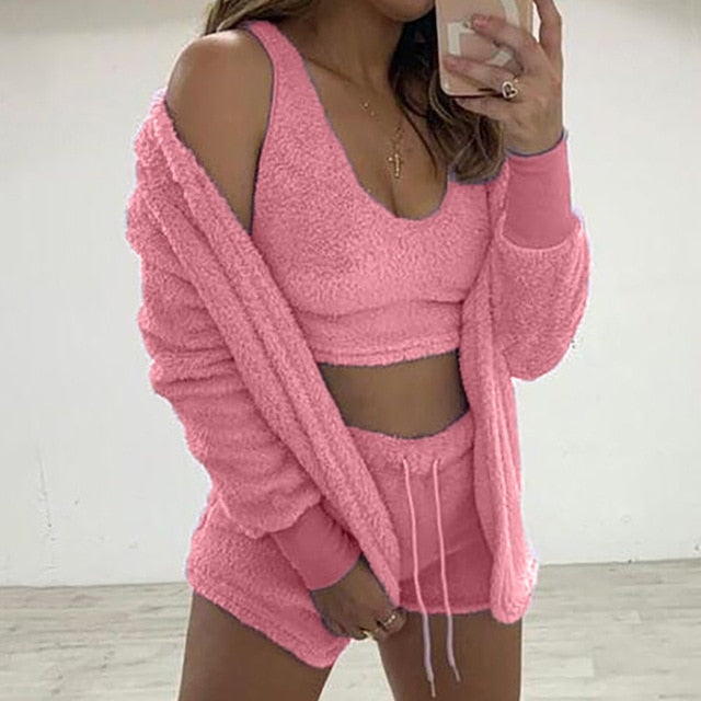 Sixsr Three Piece Sexy Fluffy Outfits Plush Velvet Hooded Cardigan Coat+Shorts+Crop Top Women Tracksuit Sets Casual Sports Sweatshirt