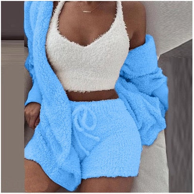 Sixsr Three Piece Sexy Fluffy Outfits Plush Velvet Hooded Cardigan Coat+Shorts+Crop Top Women Tracksuit Sets Casual Sports Sweatshirt