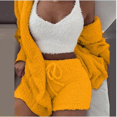 Sixsr Three Piece Sexy Fluffy Outfits Plush Velvet Hooded Cardigan Coat+Shorts+Crop Top Women Tracksuit Sets Casual Sports Sweatshirt
