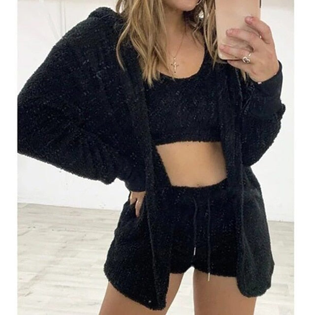 Sixsr Three Piece Sexy Fluffy Outfits Plush Velvet Hooded Cardigan Coat+Shorts+Crop Top Women Tracksuit Sets Casual Sports Sweatshirt
