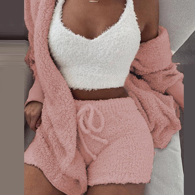 Sixsr Three Piece Sexy Fluffy Outfits Plush Velvet Hooded Cardigan Coat+Shorts+Crop Top Women Tracksuit Sets Casual Sports Sweatshirt