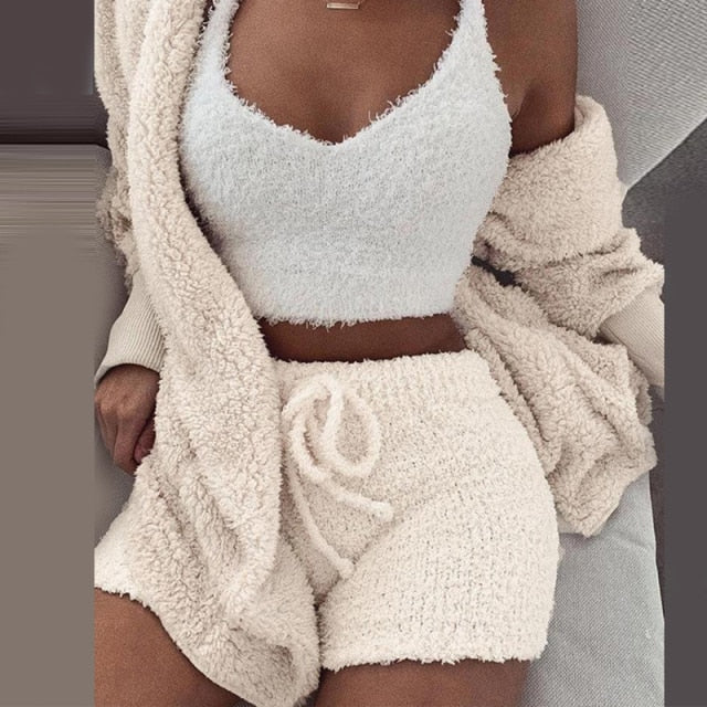 Sixsr Three Piece Sexy Fluffy Outfits Plush Velvet Hooded Cardigan Coat+Shorts+Crop Top Women Tracksuit Sets Casual Sports Sweatshirt