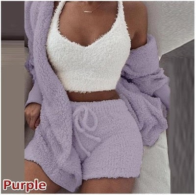 Sixsr Three Piece Sexy Fluffy Outfits Plush Velvet Hooded Cardigan Coat+Shorts+Crop Top Women Tracksuit Sets Casual Sports Sweatshirt