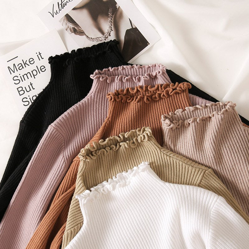 Sixsr Turtleneck Ruched Women Sweater High Elastic Solid Fall Winter Fashion Sweater Women Slim Sexy Knitted Pullovers Pink White