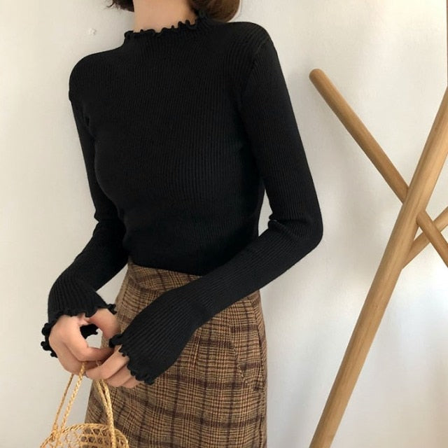 Sixsr Turtleneck Ruched Women Sweater High Elastic Solid Fall Winter Fashion Sweater Women Slim Sexy Knitted Pullovers Pink White