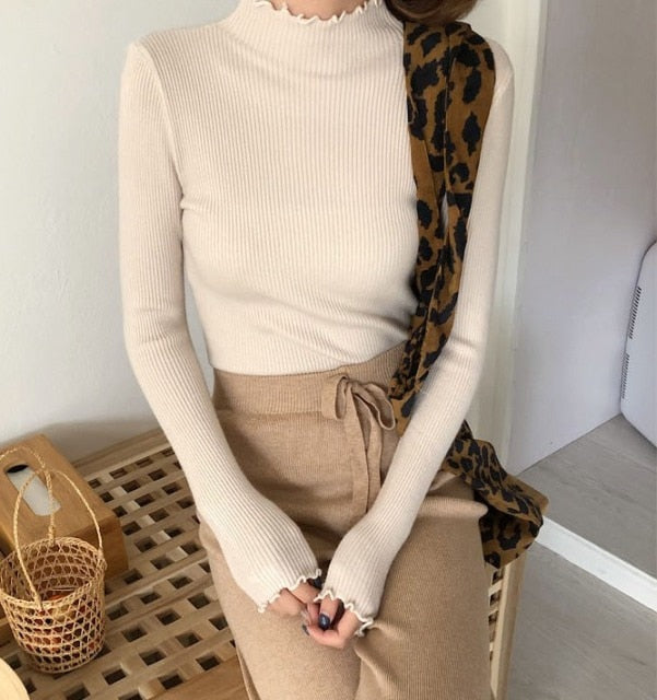 Sixsr Turtleneck Ruched Women Sweater High Elastic Solid Fall Winter Fashion Sweater Women Slim Sexy Knitted Pullovers Pink White