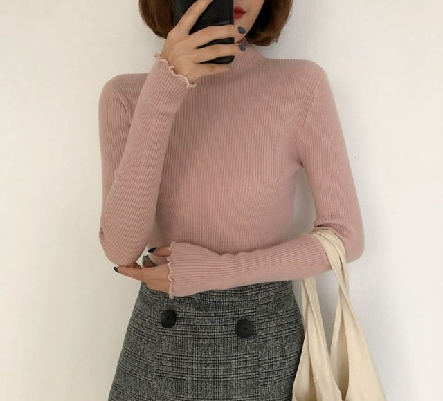 Sixsr Turtleneck Ruched Women Sweater High Elastic Solid Fall Winter Fashion Sweater Women Slim Sexy Knitted Pullovers Pink White