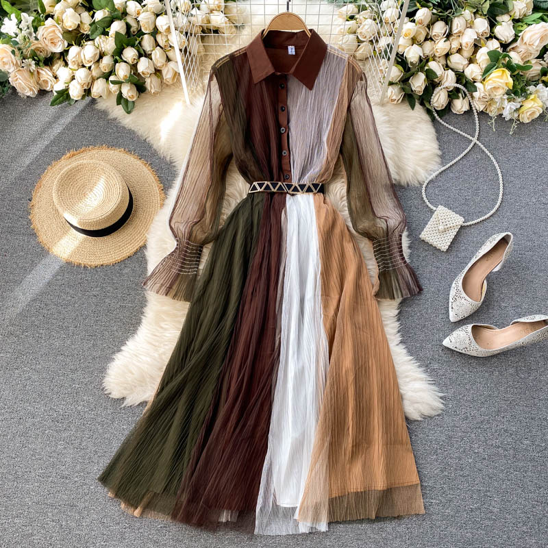 sixsr Luxury A-line Boho Patchwork Autumn Elegant Dresses Women Party Long Sleeve High Waist Vintage Dress Spring Lace