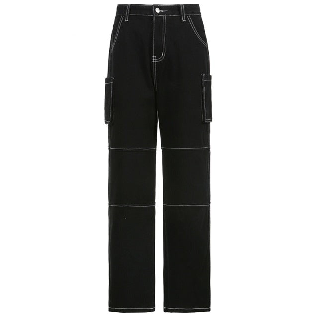 Sixsr Weekeep Pockets Patchwork Baggy Jeans Fashion Streetwear 100% Cotton Women Denim Trouser Loose Cargo Pants Korean Jeans Harajuku