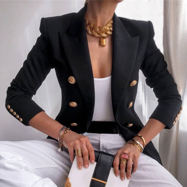 Sixsr Winter Women Blazer Double Breasted Blazer Coat Fashion Slim long Sleeve Elegant Suit Jacket Office Women Blazer
