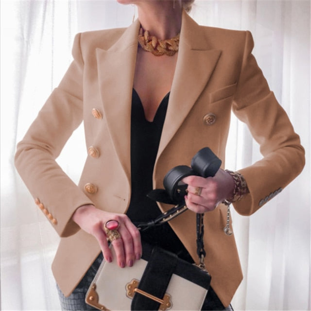 Sixsr Winter Women Blazer Double Breasted Blazer Coat Fashion Slim long Sleeve Elegant Suit Jacket Office Women Blazer