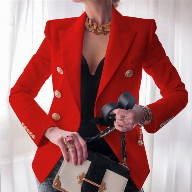 Sixsr Winter Women Blazer Double Breasted Blazer Coat Fashion Slim long Sleeve Elegant Suit Jacket Office Women Blazer