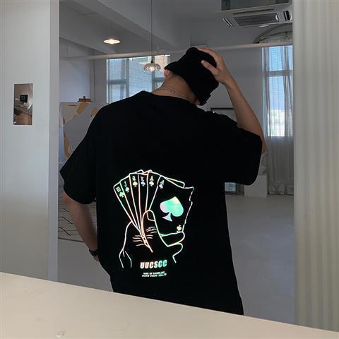 Cool Black Reflective T Shirt Streetwear Men Oversized T-Shirt Japan Harajuku Ppoker Tshirt Summer High Street Half Sleeve Tops