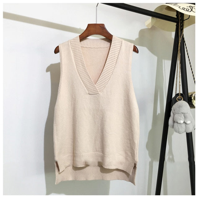 Sixsr Women V Neck Sweater Vest Korean Preppy Style Solid Knitted Sleeveless Sweater Female Autumn Winter Casual Loose Pullover Jumper