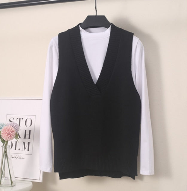 Sixsr Women V Neck Sweater Vest Korean Preppy Style Solid Knitted Sleeveless Sweater Female Autumn Winter Casual Loose Pullover Jumper