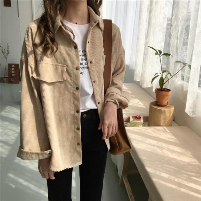 Sixsr New Shirt Autumn New Ins Loose And Versatile Corduroy Shirt Women's Solid Color Casual Long Sleeve Shirt Coat