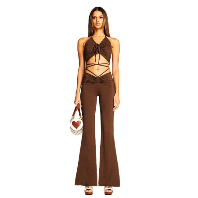 Sixsr Halter Criss-Cross Crop Top And Women's Drawstring Pants Matching Sets Skinny Hollow Out Sexy Two Piece Set For Women