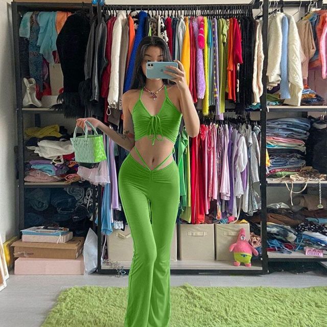Sixsr Halter Criss-Cross Crop Top And Women's Drawstring Pants Matching Sets Skinny Hollow Out Sexy Two Piece Set For Women