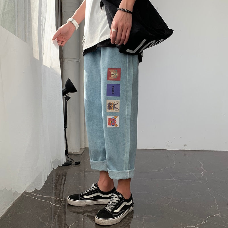 Fashion Print Blue Jeans Pants for Mens Japanese Harajuku Streetwear Teens Plus Size Denim Clothes Boyfriend Baggy Jean Trousers