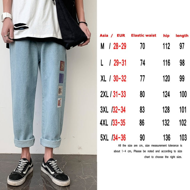 Fashion Print Blue Jeans Pants for Mens Japanese Harajuku Streetwear Teens Plus Size Denim Clothes Boyfriend Baggy Jean Trousers