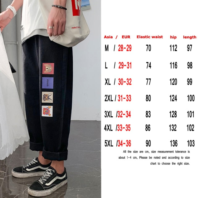 Fashion Print Blue Jeans Pants for Mens Japanese Harajuku Streetwear Teens Plus Size Denim Clothes Boyfriend Baggy Jean Trousers