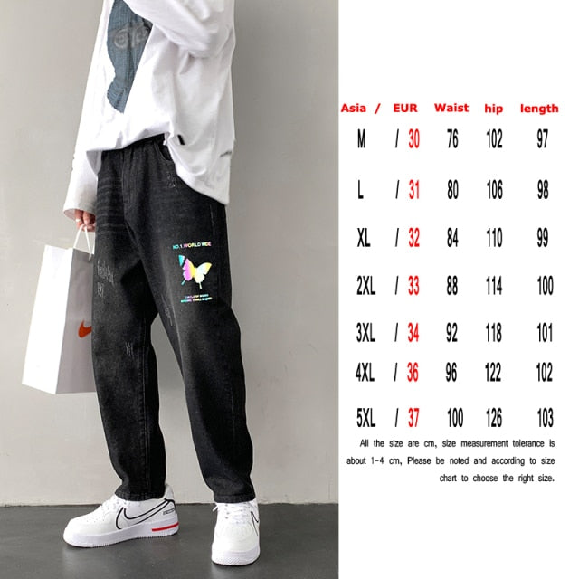 Fashion Print Blue Jeans Pants for Mens Japanese Harajuku Streetwear Teens Plus Size Denim Clothes Boyfriend Baggy Jean Trousers
