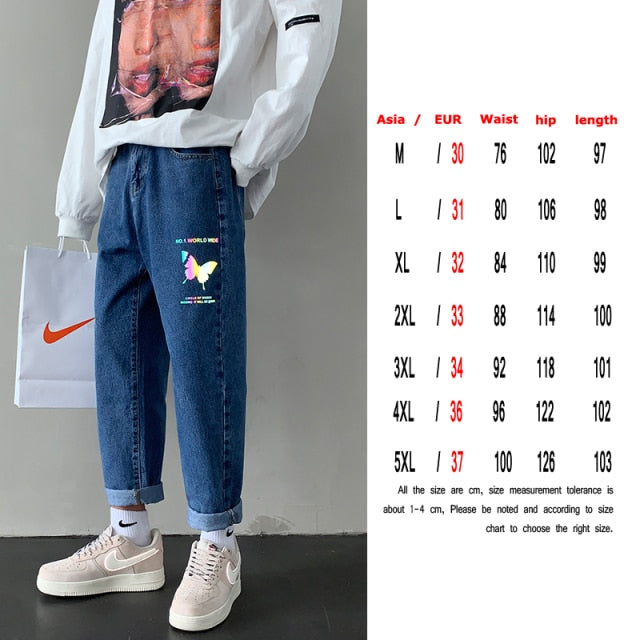 Fashion Print Blue Jeans Pants for Mens Japanese Harajuku Streetwear Teens Plus Size Denim Clothes Boyfriend Baggy Jean Trousers