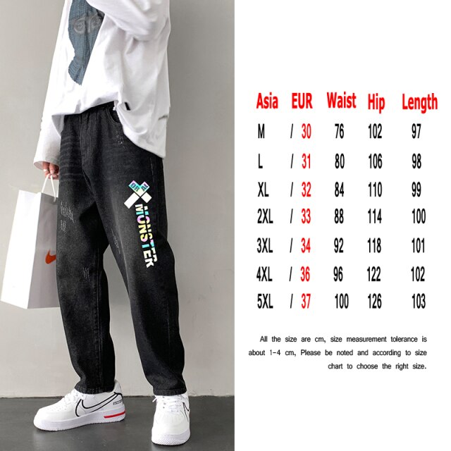 Fashion Print Blue Jeans Pants for Mens Japanese Harajuku Streetwear Teens Plus Size Denim Clothes Boyfriend Baggy Jean Trousers