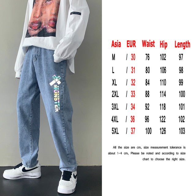 Fashion Print Blue Jeans Pants for Mens Japanese Harajuku Streetwear Teens Plus Size Denim Clothes Boyfriend Baggy Jean Trousers