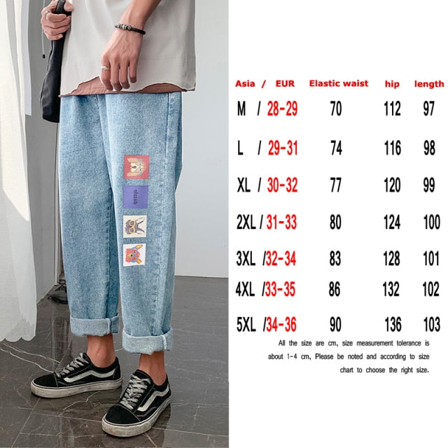 Fashion Print Blue Jeans Pants for Mens Japanese Harajuku Streetwear Teens Plus Size Denim Clothes Boyfriend Baggy Jean Trousers